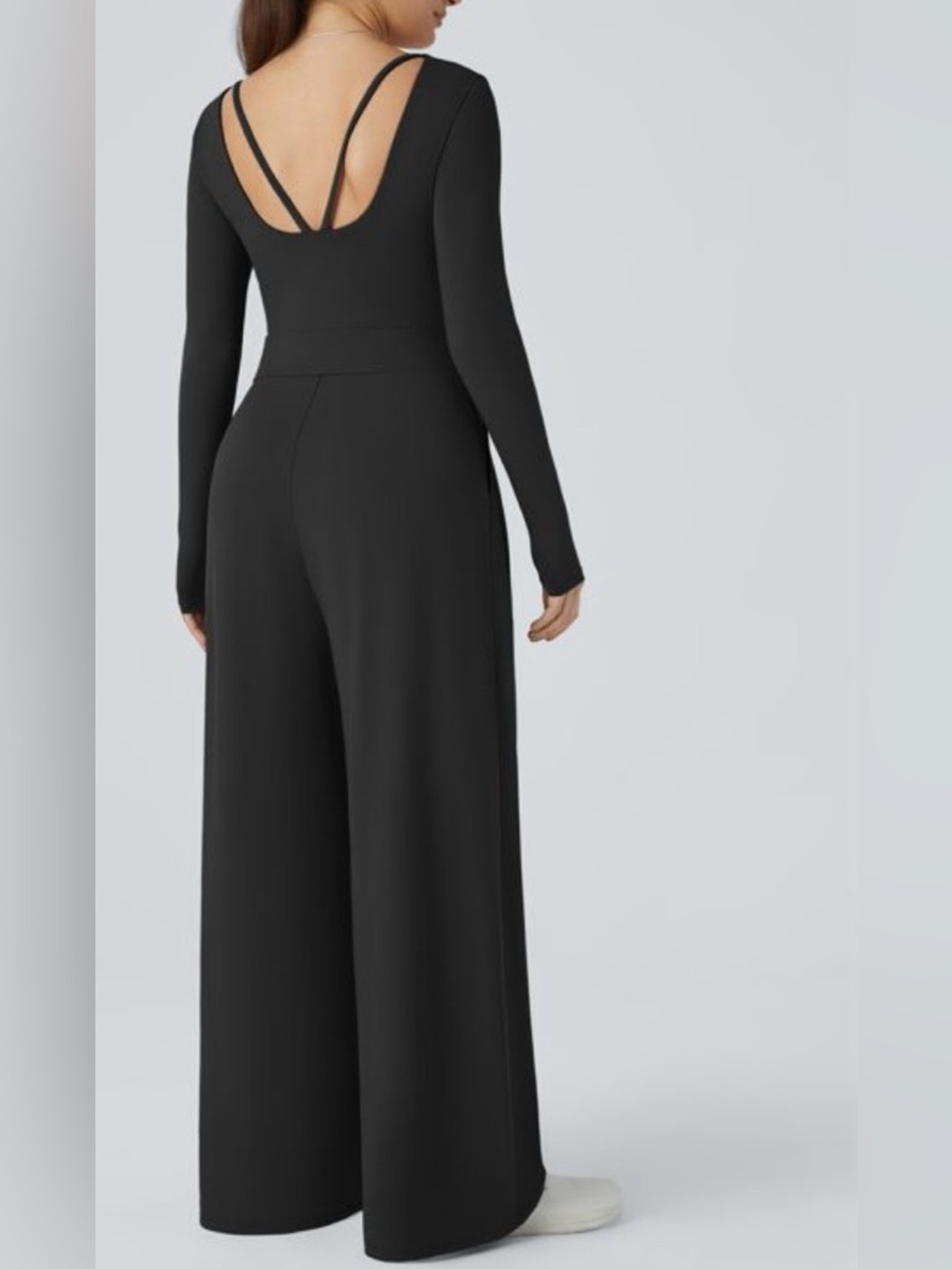 Halara V Neck Black Long Sleeve Wide-Leg Jumpsuit Size S - Picture 2 of 7